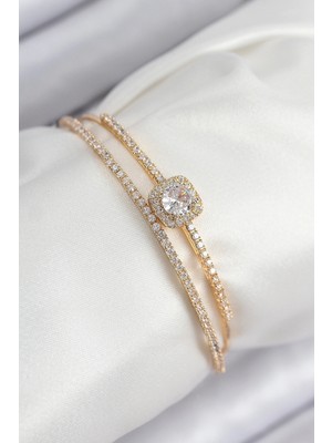 Uravas Store Pirinç Zirkon Taşlı Baget Model Gold Renk Kadın Bileklik