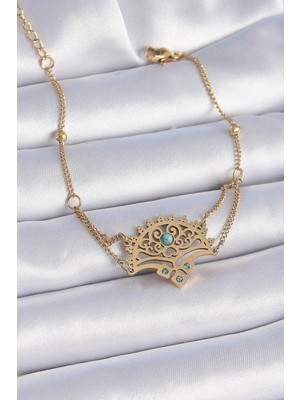 Uravas Store 316L Çelik Gold Renk Mavi Taşlı Etnik Desen Kadın Bileklik