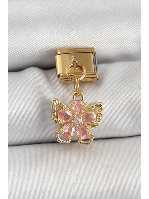 Uravas Store 316L Çelik Sallantılı Zirkon Taşlı Çiçek Figürlü Kelebek Model Gold Renk Nomination Charm