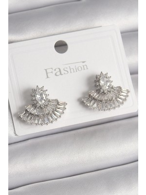 Uravas Store Pirinç Gümüş Renk Zirkon Taşlı Yelpaze Model Kadın Küpe