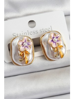Uravas Store Pirinç Beyaz Mineli Inci Detaylı Çiçek Figürlü Sanatsal Portre Model Gold Renk Kadın Küpe