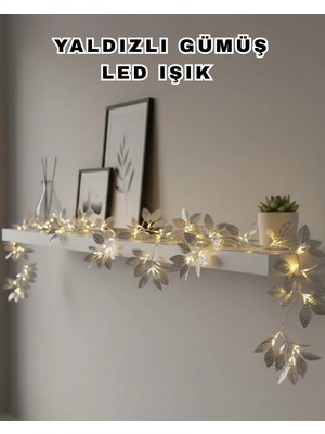 Uravas Store Yaldızlı Gümüş Yaprak LED Işık Pilli Dekoratif Ortam ve Yılbaşı Aydınlatması
