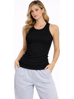 Trend Awise Fitilli Atlet Sıfır Yaka Slim Fit Arka Baskılı Spor Atlet - Siyah