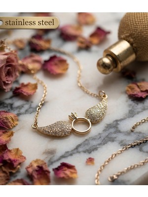 Stainless Steel 316L Çelik Zincir Gold Renk Tektaş Model Kolye
