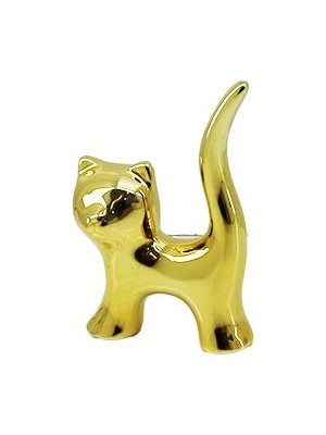 Renas Store Kedi Tasarımlı Gold Seramik Biblo - Mini Boy - Parlak Altın Renk - Dekoratif Süs