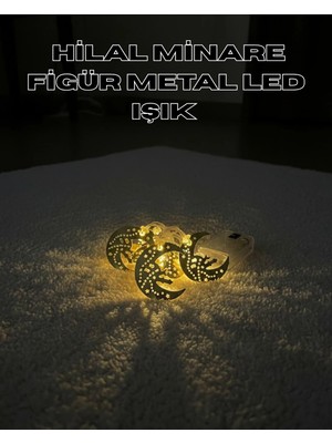 Uravas Store Gold Renk Metal Minareli Hilal LED Işık Pilli Ramazan Süsü