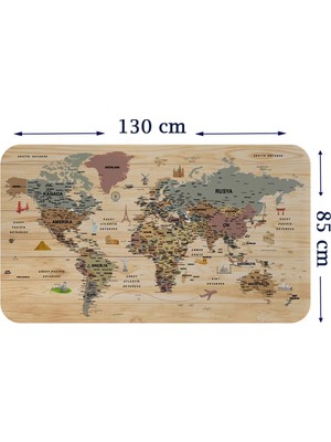 Trezon Ahşap Görünümlü Türkçe Eğitici Detaylı Atlası Dünya Haritası Duvar STICKER-85X130-3844