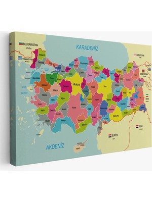 Trezon Türkiye Haritası Kanvas Tablo Sınır Komşulu Eğitici Dekoratif Tablo 3080