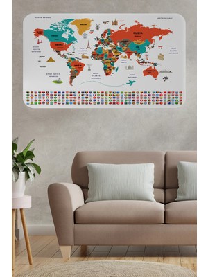 Trezon Türkçe Ülke Bayrak Lı Eğitici Başkent Detaylı Atlası Dünya Haritası Duvar Sticker -60X105-3858