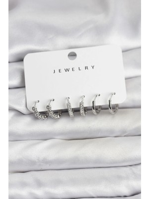 Uravas Store Gümüş Renk Pirinç Zirkon Taşlı Kadın Küpe Seti