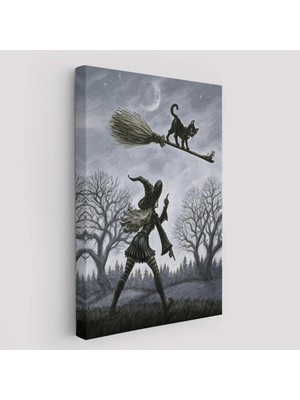 Trezon Cadı Süpürgesi ile Uçan Kara Kedi Tablosu, Witches HALLOWEEN-6353