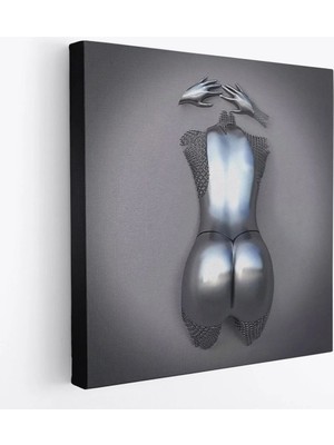 Trezon 3D Efektli Gümüş Insan, Gri ve Gümüş Duvar Dekoru, Metalik Efektli Kanvas TABLO-5351