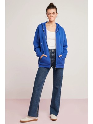 TeknoKapsül Ethıquet Modest Oynx Kadın Pamuklu Içi Polarlı Yumuşacık Kapüşonlu Oversize Çift Cepli Saks Mavi Sweatshirt