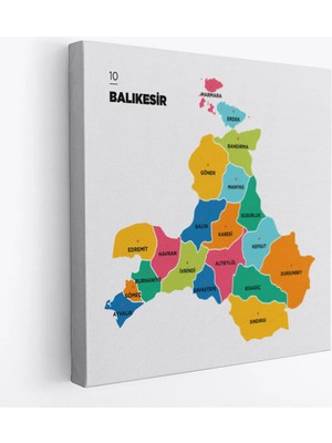 Trezon Balıkesir Ili ve Ilçeler Haritası Dekoratif Kanvas Tablo 1279