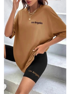 TeknoKapsül Modagen Kadın Oversize Kahverengi Baskılı Tshirt-Tayt Takım