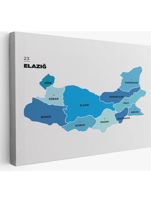 Trezon Elazığ Ili ve Ilçeler Haritası Dekoratif Kanvas Tablo 1332