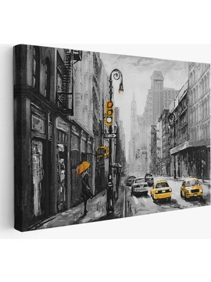 Trezon New York Sokakları ve Sarı Taksi Yağlıboya Görünüm Kanvas TABLO-3552
