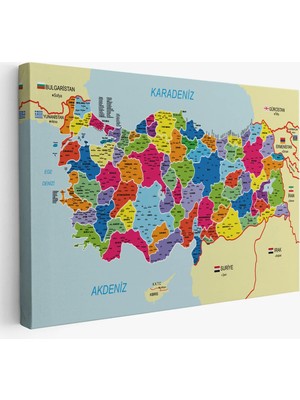 Trezon Kopya - Türkiye Haritası Kanvas Tablo Il ve Ilçeli Ayrıntılı Eğitici Komşulu Dekoratif Tablo 3005