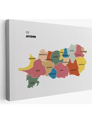 Trezon Aydın Ili ve Ilçeler Haritası Dekoratif Kanvas Tablo 1277