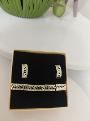 Lavante Butik Xuping Labirent Grek Model Zirkon Taşlı Çelik Bileklik Küpe Seti