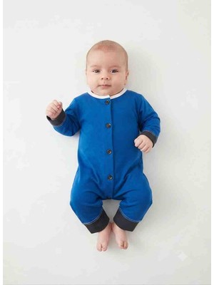 Güler Butik Esnek Nefes Alabilen Suprem Kumaş Yenidoğan Mavi Renk ve Yaka Kısmı Beyaz Turuncu ve Sarı Renkli Kol ve Bilek Kısmı Siyah Lastikli Bebek Tulumu