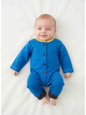 Güler Butik Esnek Nefes Alabilen Suprem Kumaş Yenidoğan Mavi Renk ve Yaka Kısmı Beyaz Turuncu ve Sarı Renkli Kol ve Bilek Kısmı Siyah Lastikli Bebek Tulumu