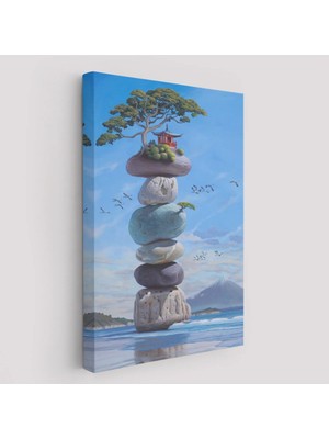 Trezon Sahilde Renkli Denge Taşları, Meditasyon, Yoga, Spiritüel Baskı Kanvas TABLO-5239