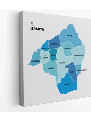 Trezon Isparta Ili ve Ilçeler Haritası Dekoratif Kanvas Tablo 1363