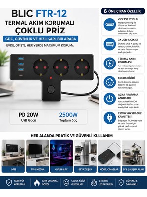 HiboTekno BLIC FTR-12 Termal Akım Korumalı Çoklu Priz 3'lü Topraklı 3 USB + Type-C PD 20W Hızlı Şarjlı 2500W Anahtarlı 2 Metre Kablolu Grup Priz