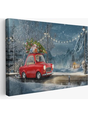 Trezon Noel Baba ve Küçük Kırmızı Retro Arabası Kanvas Duvar TABLOSU-3752