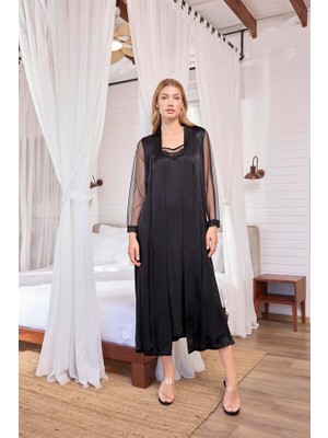 Aria's Closet Arias Closet Dantelli Tüllü ve Dekolteli Saten Sabahlık Takımı