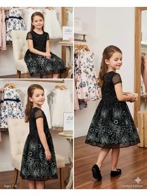 Diji Baby 6-7-8 Yaş Yakma Baskı Simli Çocuk Elbisesi