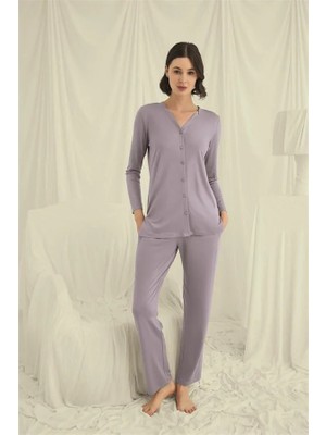 Aria's Closet Arias Closet Uzun Kollu Boydan Düğmeli V Yaka Pijama Takımı
