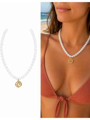 Arsaley Gold Yuvarlak Charm Beyaz Renk Yazlık Boncuk Kadın Kolye