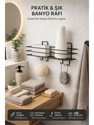 Riya Home Ev & Dekorasyon Yapışkanlı 4 Kancalı Banyo Rafı Siyah Banyo Şampuanlık Duşakabin Duş Askısı Delmeden Kullanım