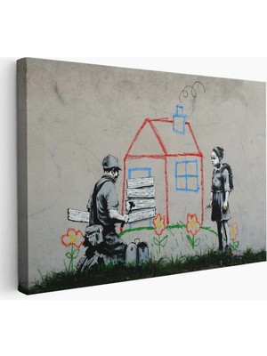 Trezon Bansky Çocuğun Çizdiği Evin Kapısını Kapatan Adam Kanvas TABLO-5019
