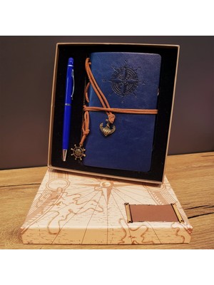 Renas Store Lacivert Pusula Tasarım Deri Defter ve Tükenmez Kalem Seti