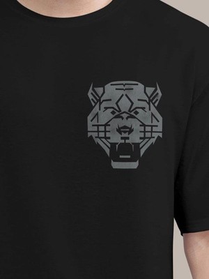 Tarz Yeri Erkek Kısa Kol Yazlık Tişört Bisiklet Yaka Aslan Baskılı T-Shirt - Siyah