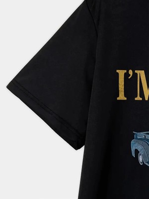 Tarz Yeri Erkek Tişört Araba Baskılı Kısa Kol T-Shirt - Siyah