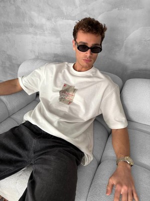 Tarz Yeri Erkek Tişört Kısa Kol Ön ve Arka Baskılı Oversize Bisiklet Yaka T-Shirt - Beyaz