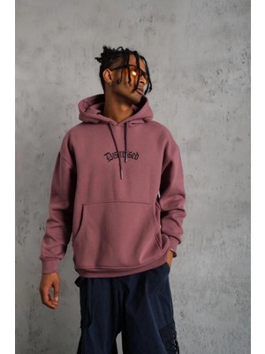 Tarz Yeri Erkek 3 Iplik Pamuklu Kapüşonlu Kanguru Cepli Sweatshirt Hoodie - Gül Kurusu