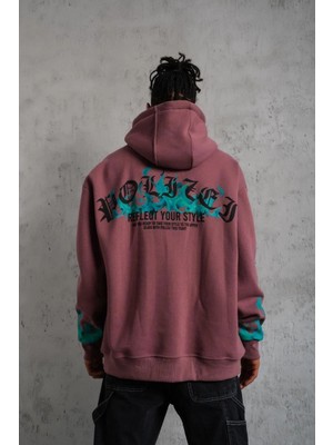 Tarz Yeri Erkek 3 Iplik Içi Pamuklu Alev Baskılı Kapüşonlu Hoodie Sweatshirt - Gül Kurusu