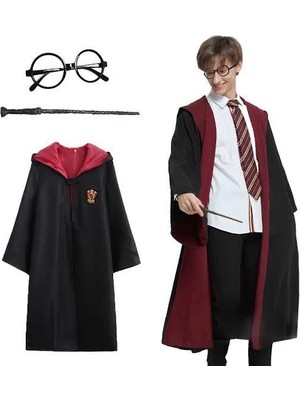 Mudanis Harry Potter Gryffindor Kapişonlu Çocuk Kostüm + Asa + Gözlük Seti 5-6 Yaş