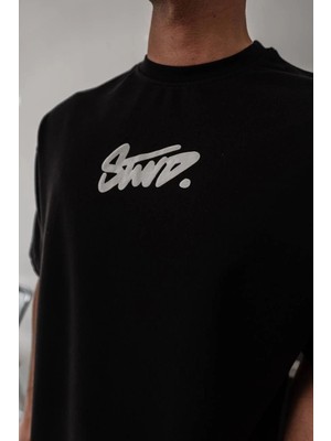 Tarz Yeri Erkek Kısa Kol Yazlık Tişört Bisiklet Yaka Baskılı Oversize T-Shirt - Siyah