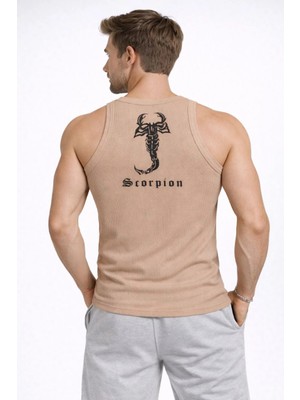 Tarz Yeri Erkek Fitilli Atlet Sıfır Yaka Slim Fit Arka Baskılı Spor Atlet - Bej