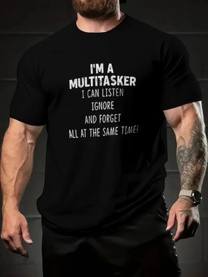 Tarz Yeri Erkek T-Shirt Komik 'multitasker' Baskılı Kısa Kol Tişört - Siyah