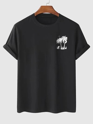 Tarz Yeri Erkek Tişört Palmiye Baskılı Bisiklet Yaka Kısa Kol Yazlık T-Shirt - Siyah