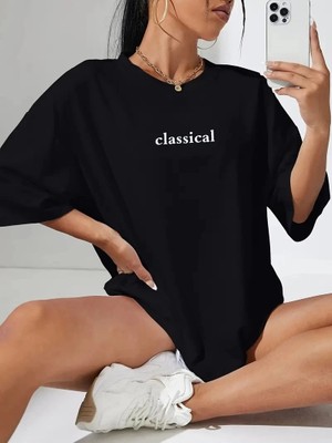 Tarz Yeri Kadın T-Shirt Penye Compack Classical Baskılı Kısa Kol Tişört - Siyah