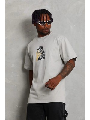 Tarz Yeri Erkek Baskılı T-Shirt Kısa Kol Bisiklet Yaka Regular Fit Tişört - Gri