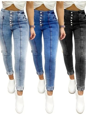 Nova Epoxy Art   Kadın Yüksek Bel Önden Düğmeli Jean Pantolon